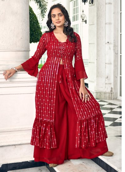 Red Embroidered Faux Georgette Palazzo Salwar Kameez