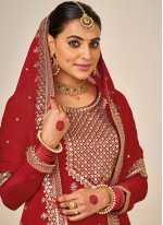 Red Embroidered Faux Georgette Trendy Salwar Kameez