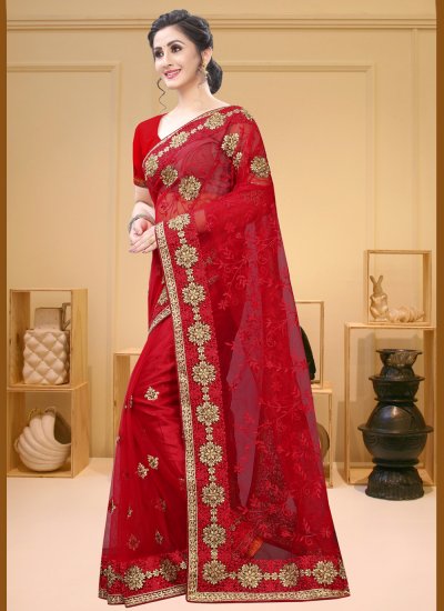 Red Embroidered Festival Contemporary Saree