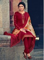 Red Embroidered Festival Designer Straight Suit