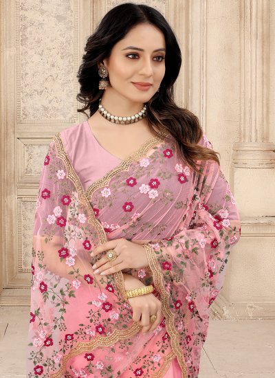 Pink Embroidered Net Designer Contemporary Style Saree