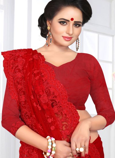Red Embroidered Party Classic Designer Saree
