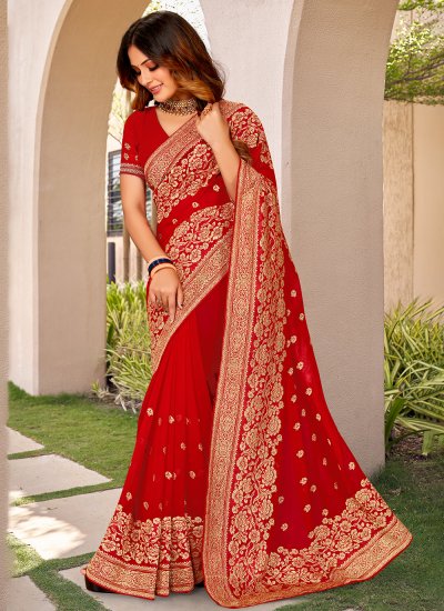 Red Engagement Georgette Classic Saree