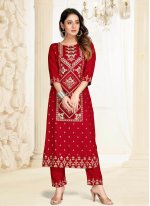 Red Fancy Blended Cotton Pant Style Suit