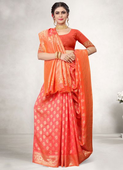 Orange Jacquard Silk Designer Traditional Saree