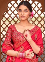Red Lace Vichitra Silk Trendy Saree