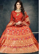 Red Mehndi Art Banarasi Silk Lehenga Choli