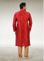 Red Plain Brocade Kurta Pyjama