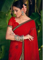 Red Printed Georgette Contemporary Saree