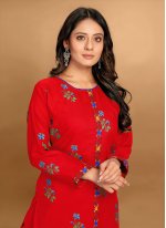 Red Rayon Embroidered Casual Kurti