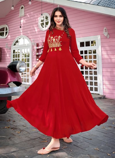 Red Rayon Embroidered Party Wear Kurti