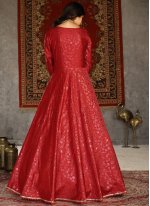 Red Tafeta Silk Foil Print Designer Gown