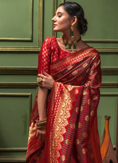 Red Woven Banarasi Silk Trendy Saree