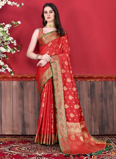 Red Zari Katan Silk Trendy Saree