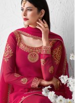 Remarkable Faux Georgette Hot Pink Embroidered Designer Palazzo Salwar Suit