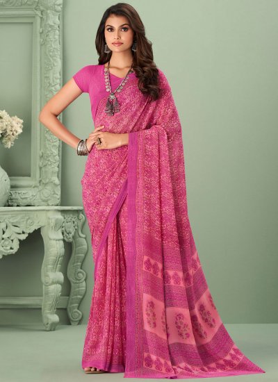 Remarkable Georgette Printed Pink Classic Saree