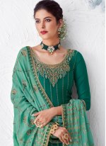 Remarkable Green Embroidered Faux Georgette Designer Palazzo Suit