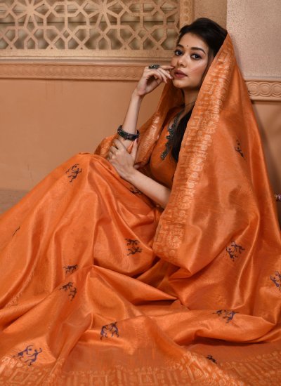 Remarkable Handloom silk Orange Zari Trendy Saree