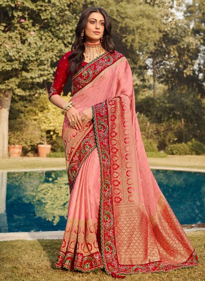 Remarkable Woven Pink Trendy Saree
