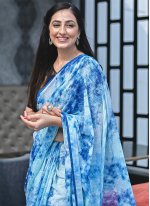 Renowned Abstract Print Blue Classic Designer Saree