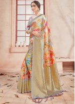 Renowned Art Banarasi Silk Multi Colour Woven Printed Saree
