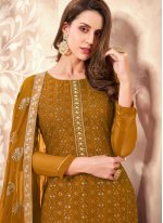 Renowned Embroidered Mustard Faux Georgette Designer Pakistani Suit