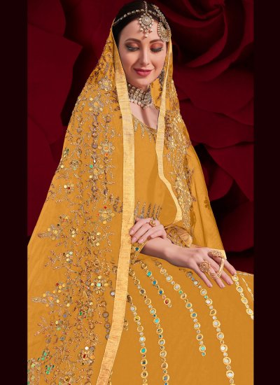 Resham Faux Georgette Floor Length Anarkali Suit in Yellow
