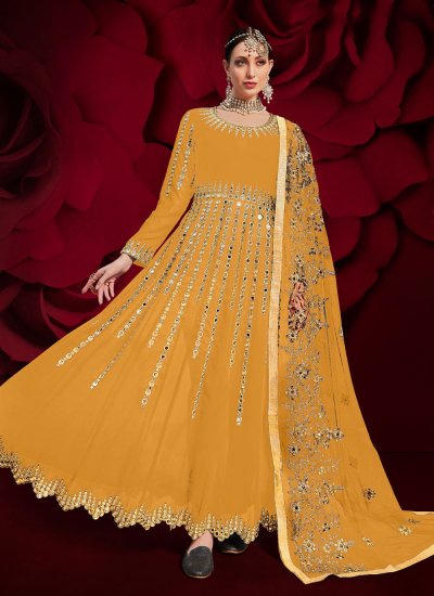 Resham Faux Georgette Floor Length Anarkali Suit in Yellow