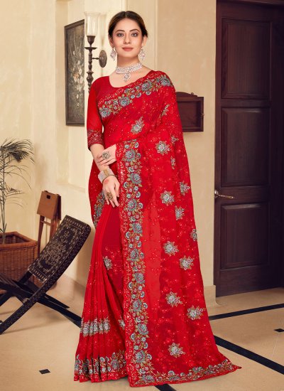 Resham Georgette Traditional Saree in Red