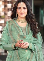 Resham Jacquard Pant Style Suit in Sea Green