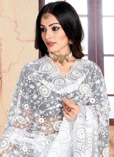 Resham Net Saree in White