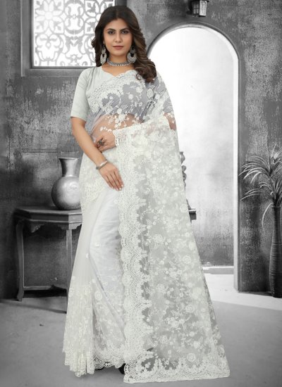 Resham Net Saree in White