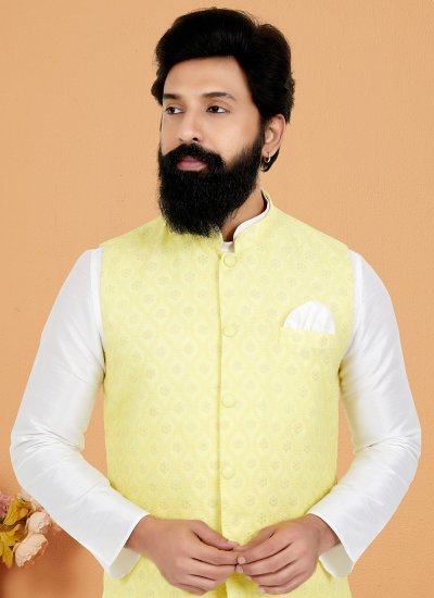 Resham Thread Work Dupion Silk Kurta Payjama With Jacket in White and Yellow