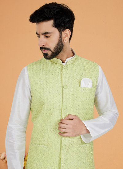 
                            Resham Thread Work Viscose Kurta Payjama With Jacket in Green and White