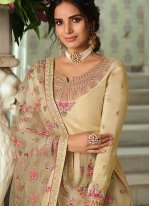 Resham Tussar Silk Designer Straight Salwar Kameez in Cream
