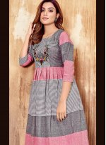 Resplendent Embroidered Grey and Pink Cotton Party Wear Kurti