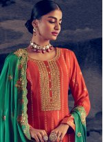 Resplendent Embroidered Pure Silk Orange Straight Salwar Suit