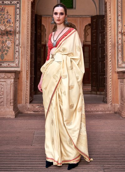 Resplendent Satin Cream Weaving Designer Saree