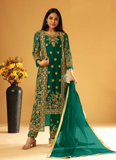 Riveting Embroidered Green Net Trendy Salwar Suit