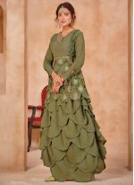 Riveting Fancy Fabric Embroidered Green Designer Gown