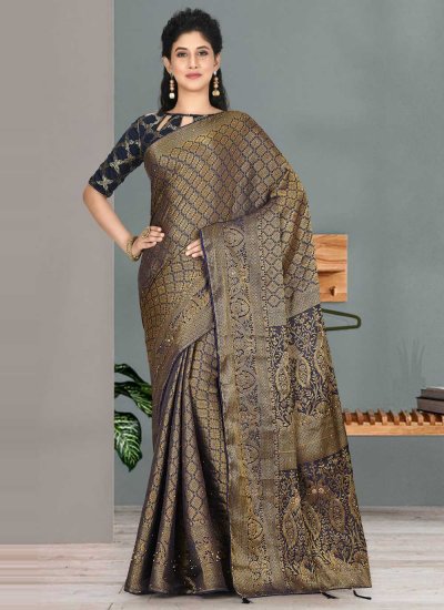 Riveting Navy Blue Embroidered Designer Traditional Saree