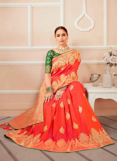Riveting Orange Weaving Banarasi Silk Designer Saree