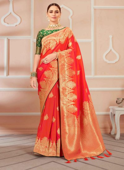 Riveting Orange Weaving Banarasi Silk Designer Saree