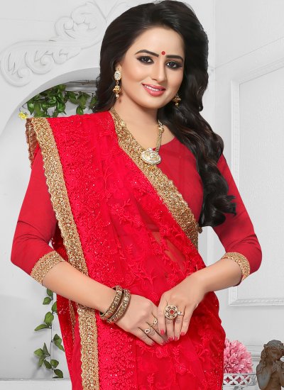 Riveting Red Embroidered Net Classic Designer Saree