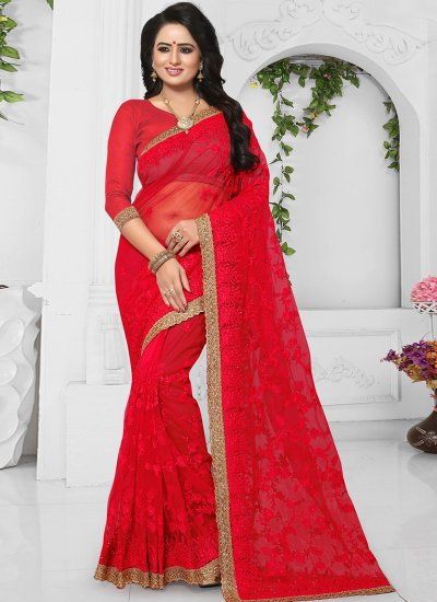 Riveting Red Embroidered Net Classic Designer Saree
