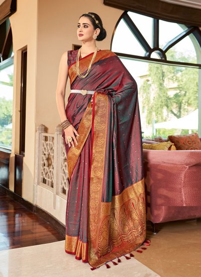 Riveting Silk Maroon Weaving Designer Traditional Saree