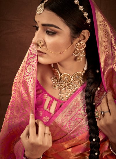 Riveting Silk Pink and Yellow Designer Traditional Saree