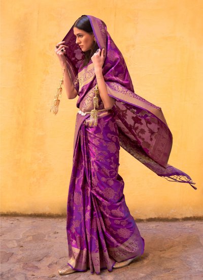 Riveting Weaving Silk Purple Traditional Designer Saree