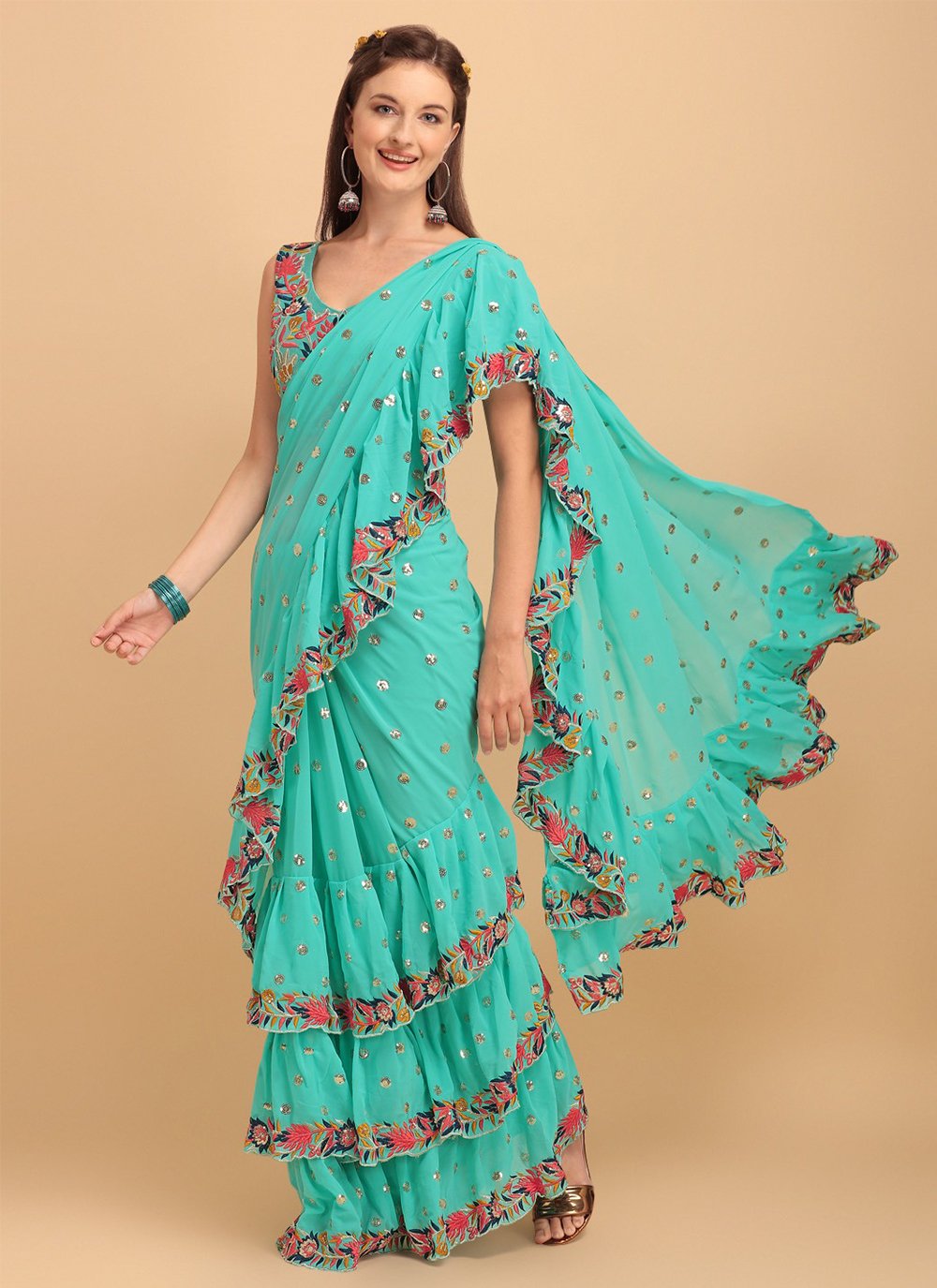 Snow White Georgette Saree With Sequin and Cutwork