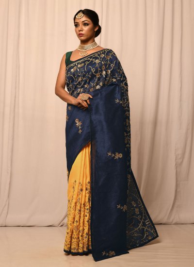 Ruritanian Embroidered Silk Navy Blue and Yellow Classic Saree